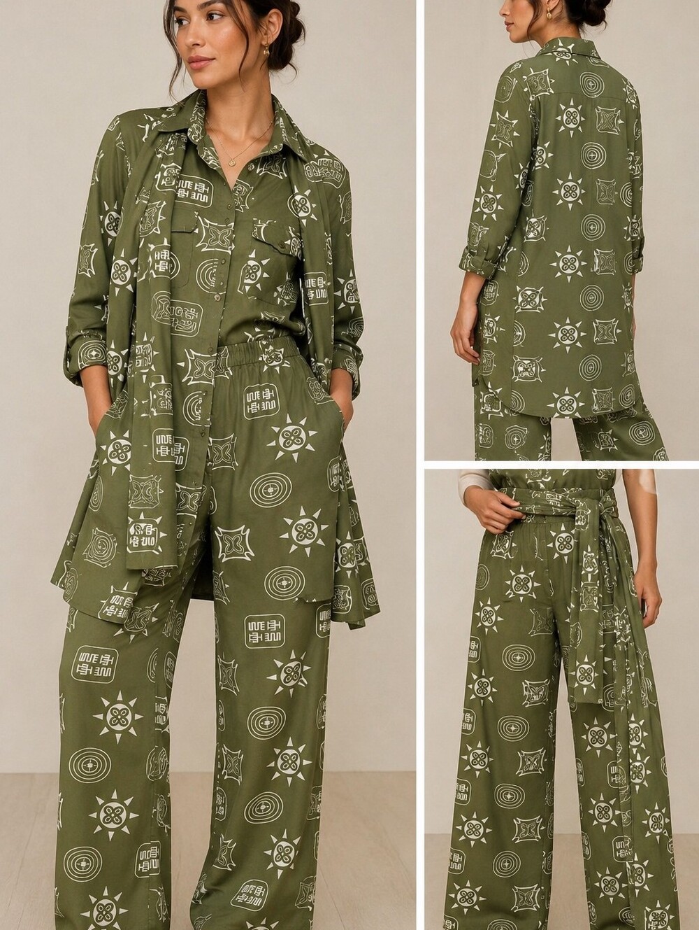 ASHRO 3 Pc Wardrober Set Womens 12 Olive Green Rayon Shirt Pants Long Scarf Wrap